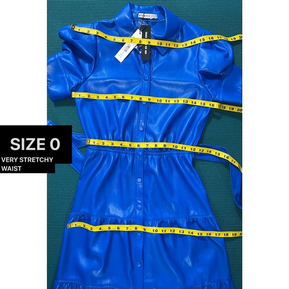 Alice + Olivia Miranda Sapphire Blue Vegan Leather Button Front Tiered Dress - Picture 9 of 16